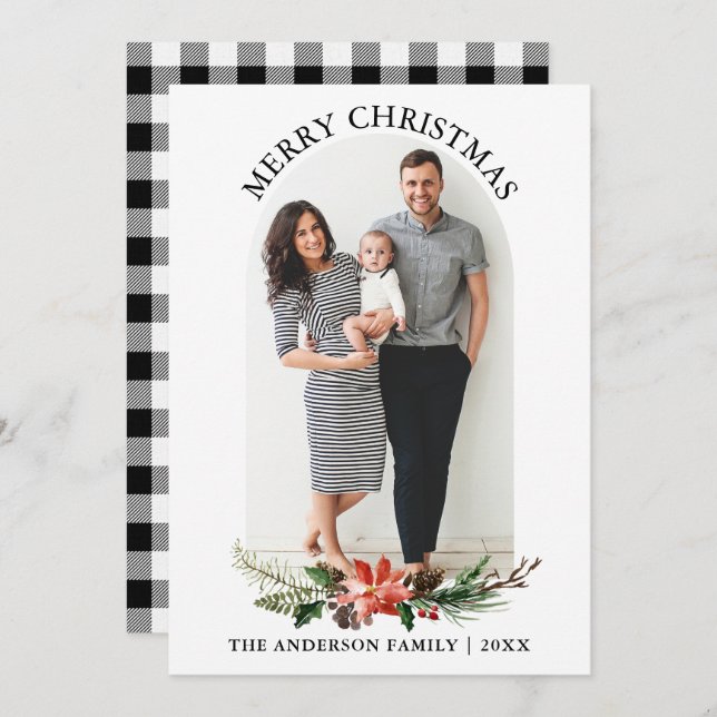 Black White Plaid Photo Arch Poinsettia Christmas Holiday Card (Front/Back)