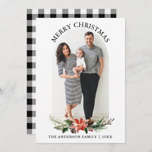 Black White Plaid Photo Arch Poinsettia Christmas Holiday Card