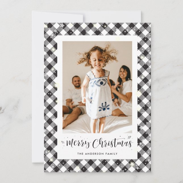 Black White Plaid Photo Merry Christmas Card (Front)