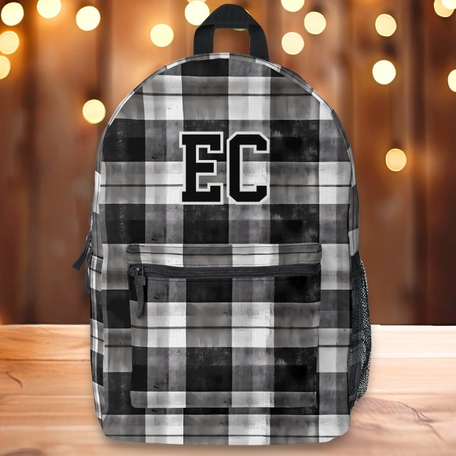 Black & White Plaid Preppy Custom Monogram Printed Backpack (Creator Uploaded)