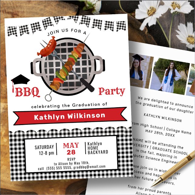 Black White Plaid Red 3 Photo Graduation BBQ Party Invitation (Creator Uploaded)