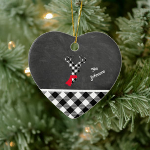 Black White Plaid Reindeer Chalkboard Personalised Ceramic Tree Decoration
