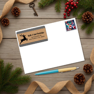 Black & White Plaid Reindeer Christmas Custom Label