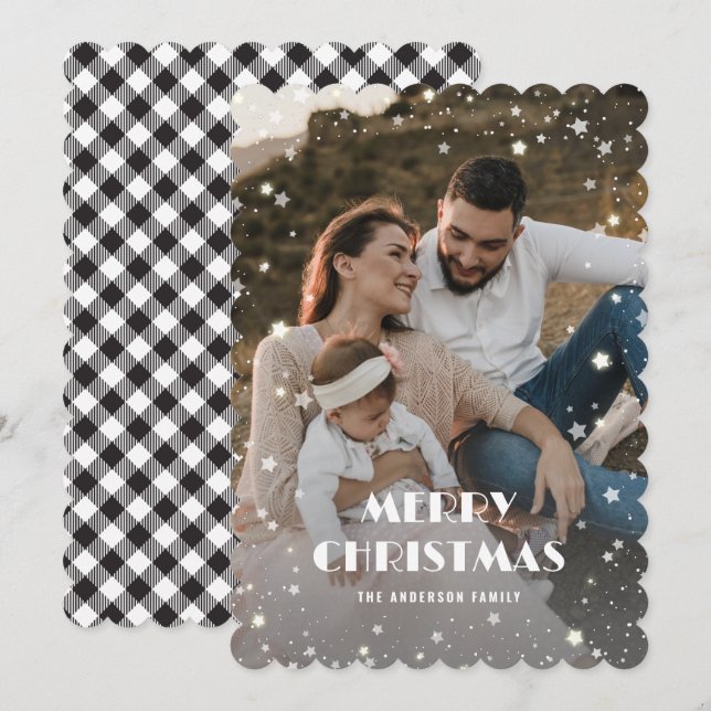 Black White Plaid Snow Stars Photo Merry Christmas Holiday Card (Front/Back)