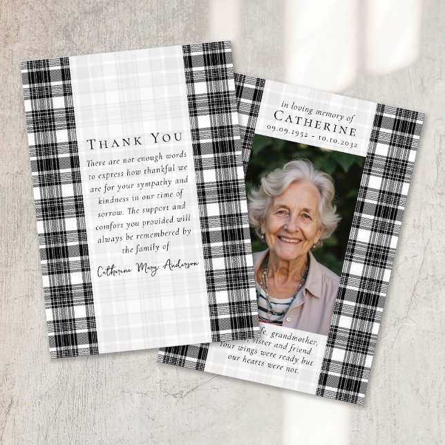 Black White Plaid Sympathy Photo Funeral Thank You Card (Creator Uploaded)