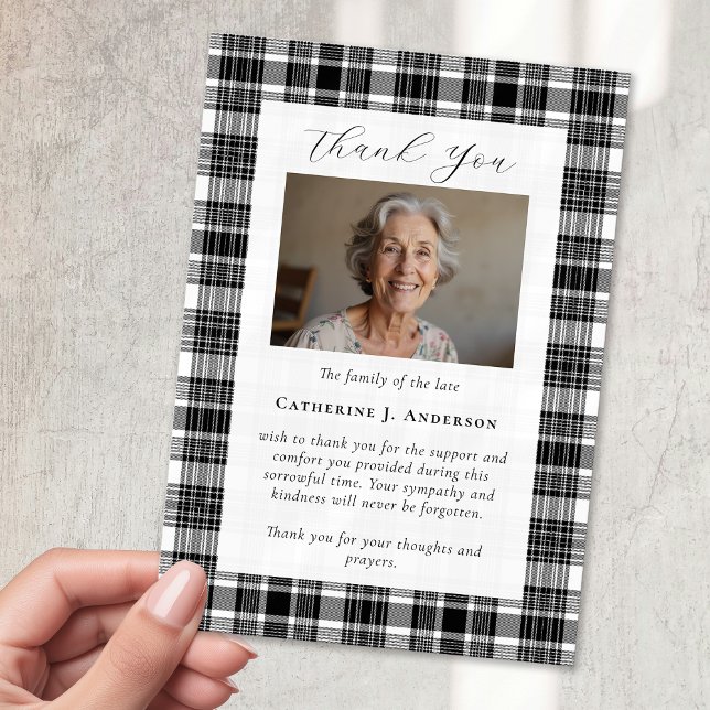 Black White Plaid Sympathy Photo Funeral Thank You Card (Creator Uploaded)