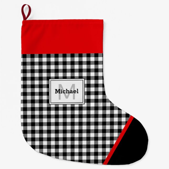 Black & White Plaid Toe Trim Monogram Large Christmas Stocking (Front)