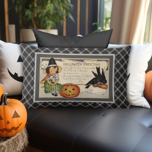 Black & White Plaid Vintage Halloween Greetings Lumbar Cushion