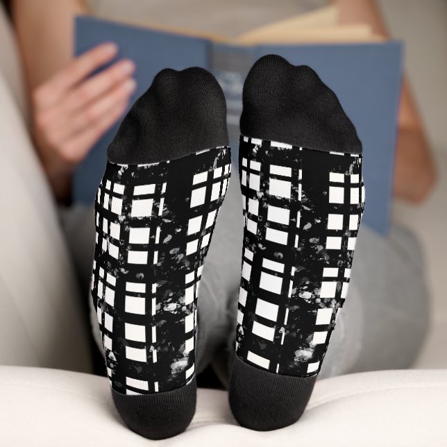 Black & White Plaid with Paint Splatter Crew Socks (Bottom)