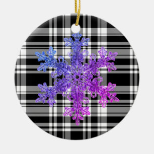 Black White Plaid with purple snow flake detail Ceramic Tree Decoration
