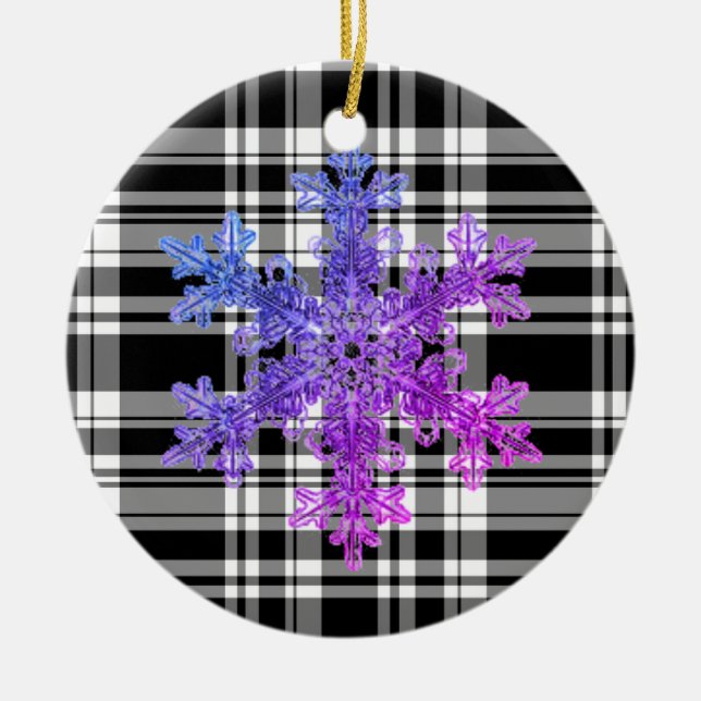 Black White Plaid with purple snow flake detail Ceramic Tree Decoration (Front)