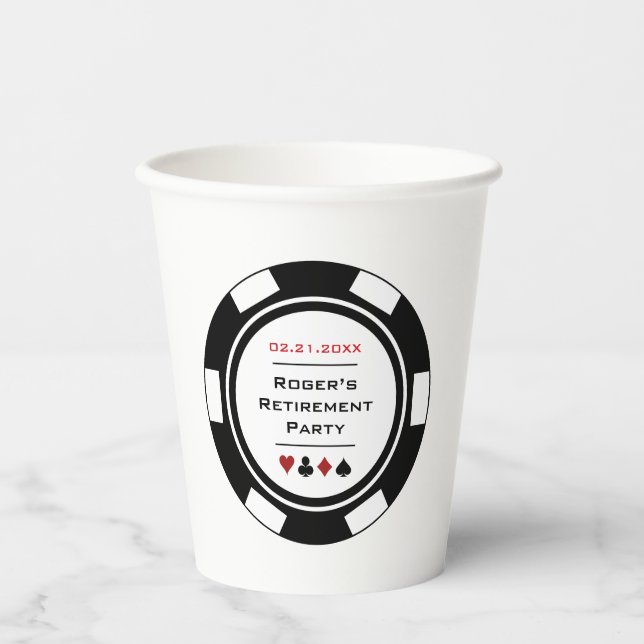 Black White Poker Chip Casino Theme Retirement Paper Cups (Front)