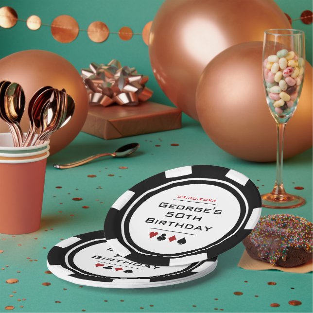 Black White Poker Chip Las Vegas Casino Birthday Paper Plate (Multi)