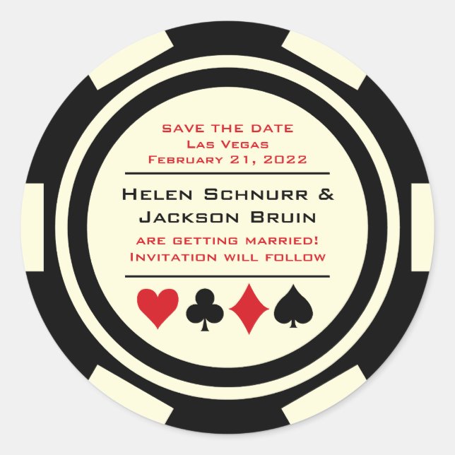 Black White Poker Chip Wedding Save The Date Classic Round Sticker (Front)