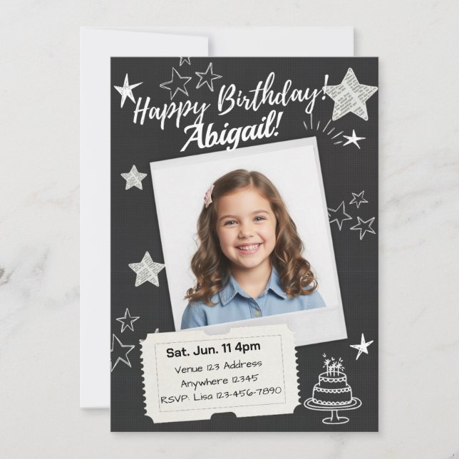 Black White Polaroid Stars Birthday Invitation (Front)