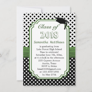 Black white polka dot, mortar cap Graduation Party Invitation