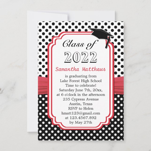 Black White Polka Dot Mortar Red Ribbon Graduation Invitation (Front)