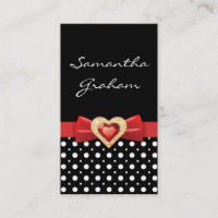 Black white polka dot pattern with red bow & jewel