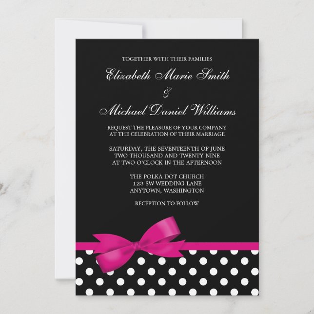 Black White Polka Dot Pink Bow Wedding Invitation (Front)