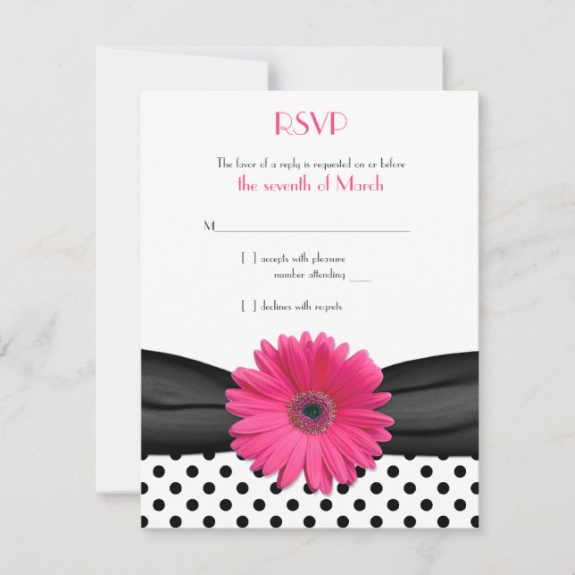 Black White Polka Dot Pink Daisy Wedding RSVP Card (Front)