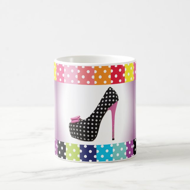 Black & White Polka Dot Pink High Heel Coffee Mug (Center)
