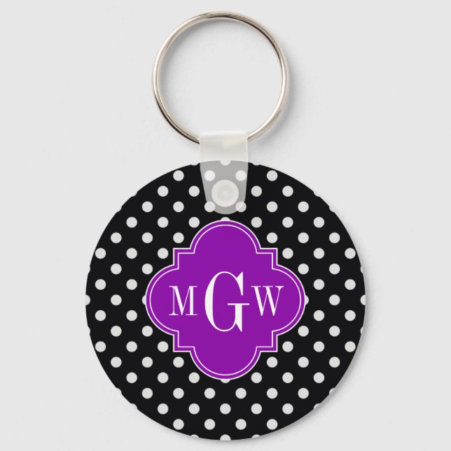 Black White Polka Dot Purple Quatrefoil 3 Monogram Key Ring (Front)