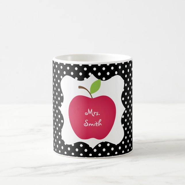 Black & White Polka Dot Red Apple Teacher's Coffee Mug (Center)