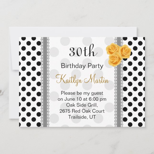 Black white polka dot rose Birthday Party Invitation (Front)