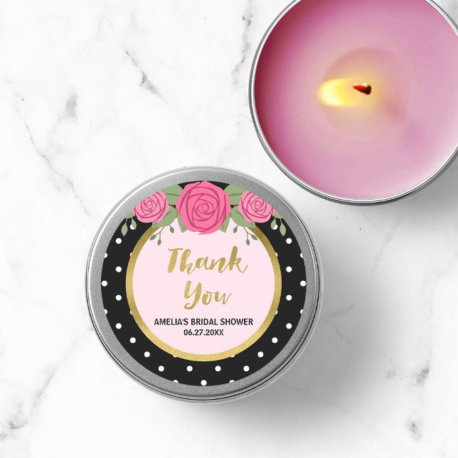 Black White Polka Dot Rose Thank You Bridal Shower Classic Round Sticker (Creator Uploaded)