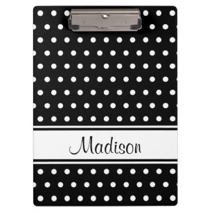 Black White Polka Dot Stripe Script Name Clipboard