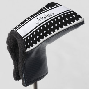 Black White Polka Dot Stripe Script Name Golf Head Cover