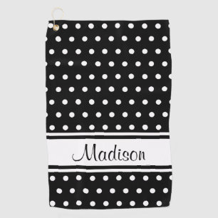 Black White Polka Dot Stripe Script Name Golf Towel