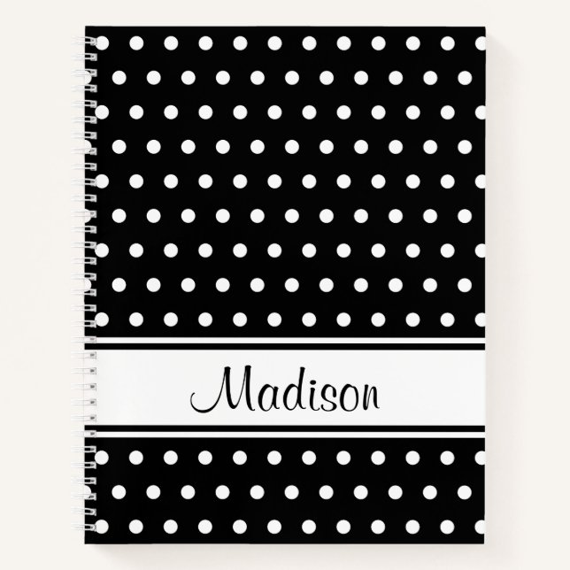 Black White Polka Dot Stripe Script Name Notebook (Front)