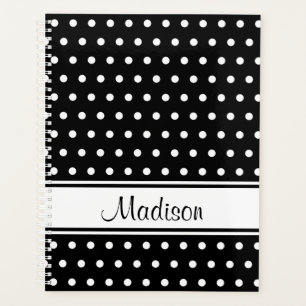 Black White Polka Dot Stripe Script Name Planner