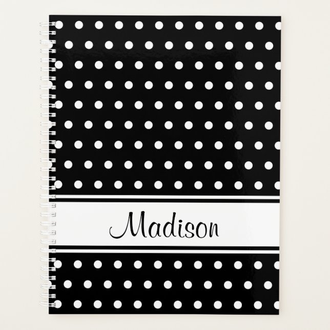 Black White Polka Dot Stripe Script Name Planner (Front)