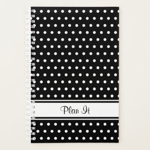 Black White Polka Dot Stripe Script Text Planner
