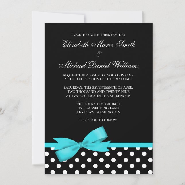 Black White Polka Dot Teal Faux Bow Wedding Invitation (Front)