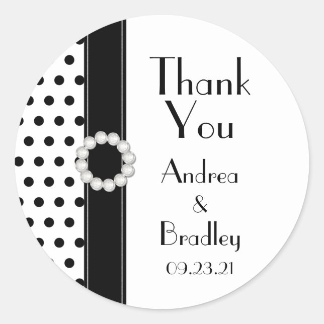 Black White Polka Dot Thank You Wedding Favour Classic Round Sticker (Front)