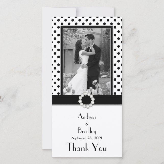 Black White Polka Dot Wedding Photo Photocard Thank You Card (Front)