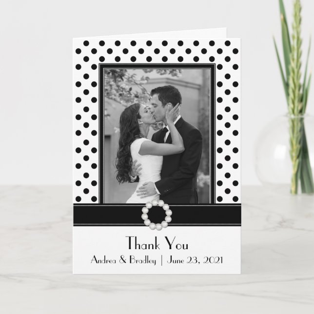 Black White Polka Dot Wedding Photo Thank You (Front)
