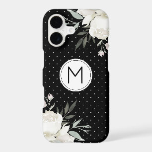 Black & White Polka Dot White Rose Floral Monogram