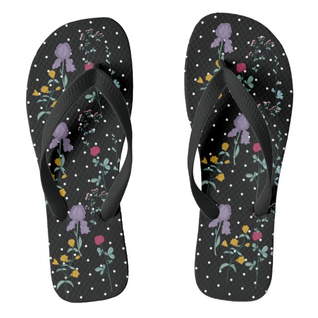 Black White Polka Dot Wild Flower Jandals (Footbed)