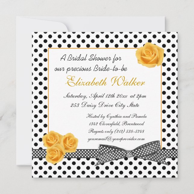 Black white polka dot yellow rose Bridal Shower Invitation (Front)