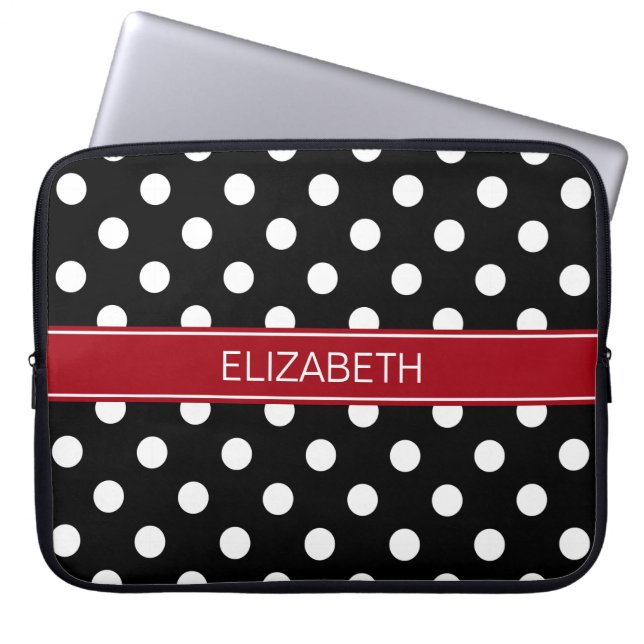 Black White Polka Dots #2 Cranberry Name Monogram Laptop Sleeve (Front)