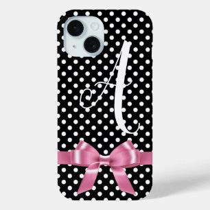 Black white polka dots bow personalise alphabet  iPhone 15 case