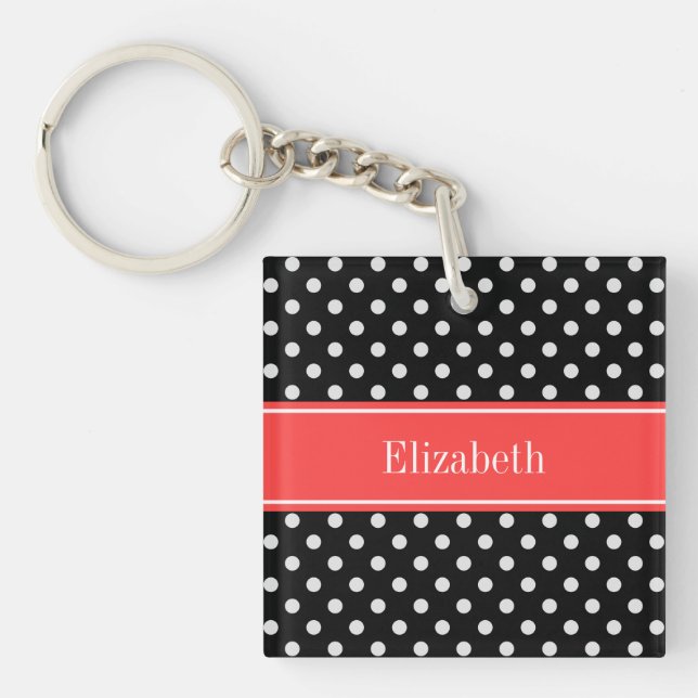 Black White Polka Dots Coral Red Name Monogram Key Ring (Front)