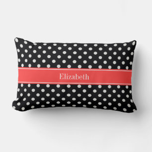 Black White Polka Dots Coral Red Name Monogram Lumbar Cushion