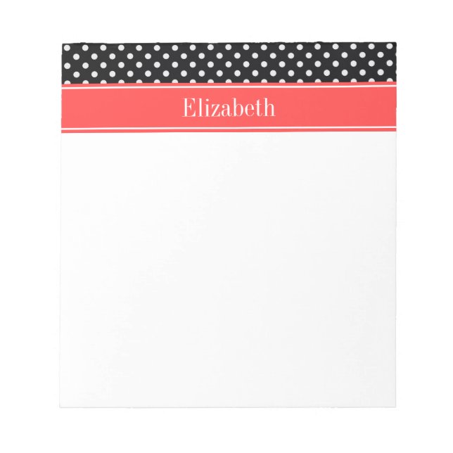 Black White Polka Dots Coral Red Name Monogram Notepad (Front)