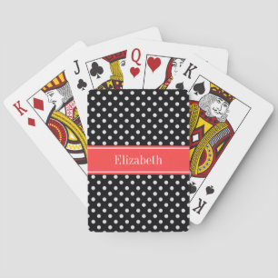Black White Polka Dots Coral Red Name Monogram Playing Cards