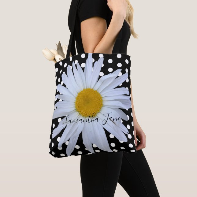Black White Polka Dots Daisy Custom Tote Bag (Close Up)